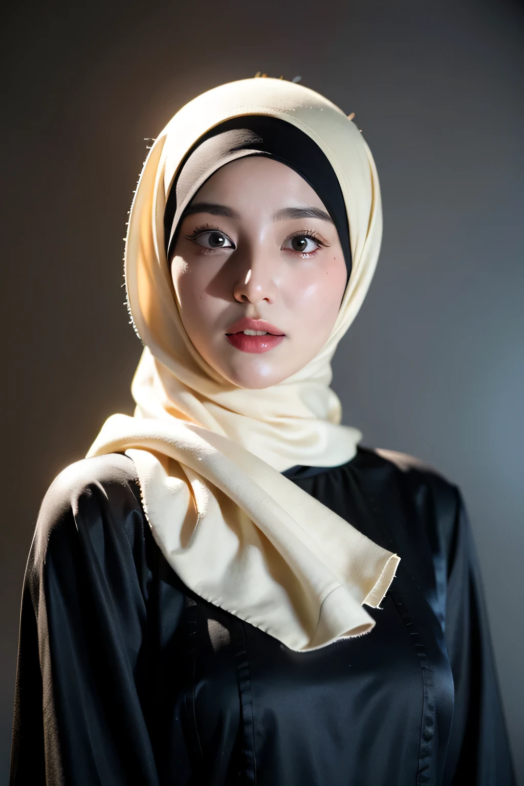 (Royal hijab, high quality, 8k, best quality, highres, ultra high res:1.1), (masterpiece, realistic, photo-realistic:1.1), 1girl, 23yo, whole body, long legs, sharp focus: 1.2, a pretty woman with perfect figure: 1.4, Slender abs: 1.1, thin moustache, charming oval breasts, big breasts, (hijab, random off-buttons:1.2), facial seductive, delicious facial expressions, [peach]blossom eyes, real face, highly detailed face and skin texture, detailed eyes, double eyelids