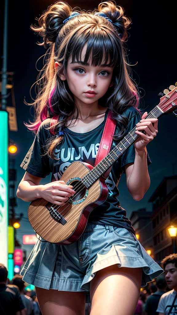 Iperrealistic teenager , hermosa. Cuerpo completo, small breasts, cadera mediana. Cabello largo, cabello negro. Ojos hermosos, labios rojos, maquillaje espectacular. Vistiendo playera corta color negra, falda de mezclilla corta de color azul. Parada de frente, tocando un ukulele. (( parada arriba de enecario )), ((Concierto nocturno)), ((luces de colores)), ((perfecta iluminacion)). Mejor calidad, detalles ultra finos.