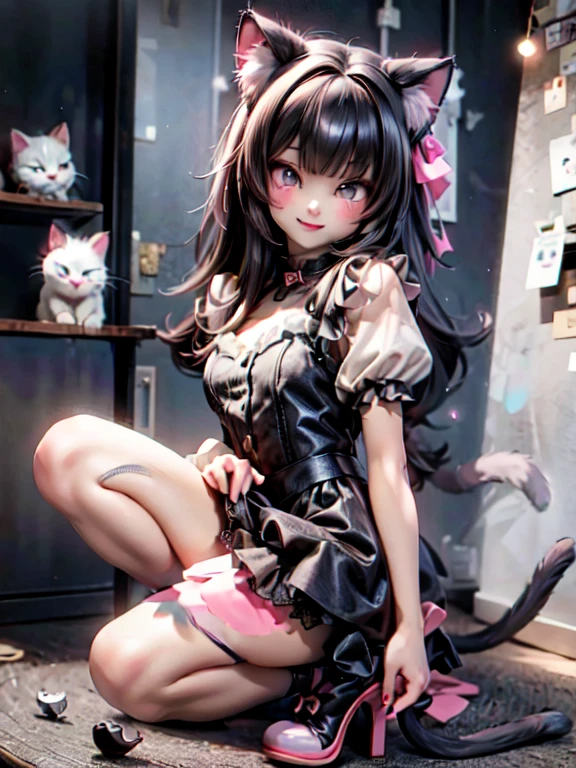 a cat girl smiling, Lolita art style, kawaii, pumps