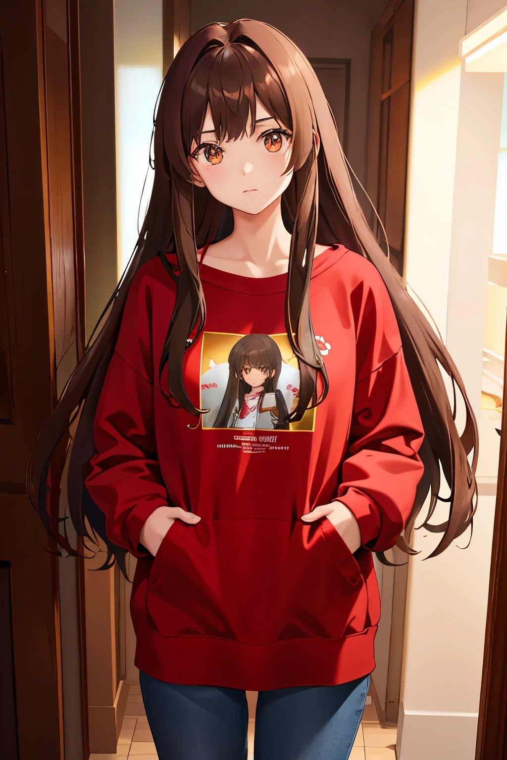 Girl brunette, wearing a red peace anime sweatshirt, long brown hair cascading down her shoulders, beautiful brown eyes shining brightly, ultra-detailed rendering in 4K quality. The art style should capture the essence of anime with clean lines, intricate details, and a harmonious color palette. The atmosphere is atmospheric, with muted tones and a soft, dreamy lighting that accentuates her natural beauty. The sweatshirt hugs her figure gently, adding to her endearing charm.