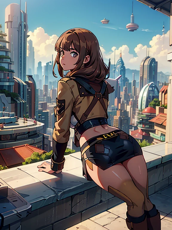 ((Obra maestra, mejor calidad, ultra detallado, 8k)), colores planos, tiro medio, vista frontal, Mirando hacia adelante, pechos medianos, ((ultra detallado face)), linda chica sollozando, ((ultra detallado eyes:1.5)), Leaning forward, Light brown hair with two low tails and bangs., armadura de bikini de marfil y oro, botas largas, mochila, Vista desde el segundo piso de un atrio de estilo cyberpunk., Los edificios de forma redonda se pueden ver en la distancia., tormenta en el cielo