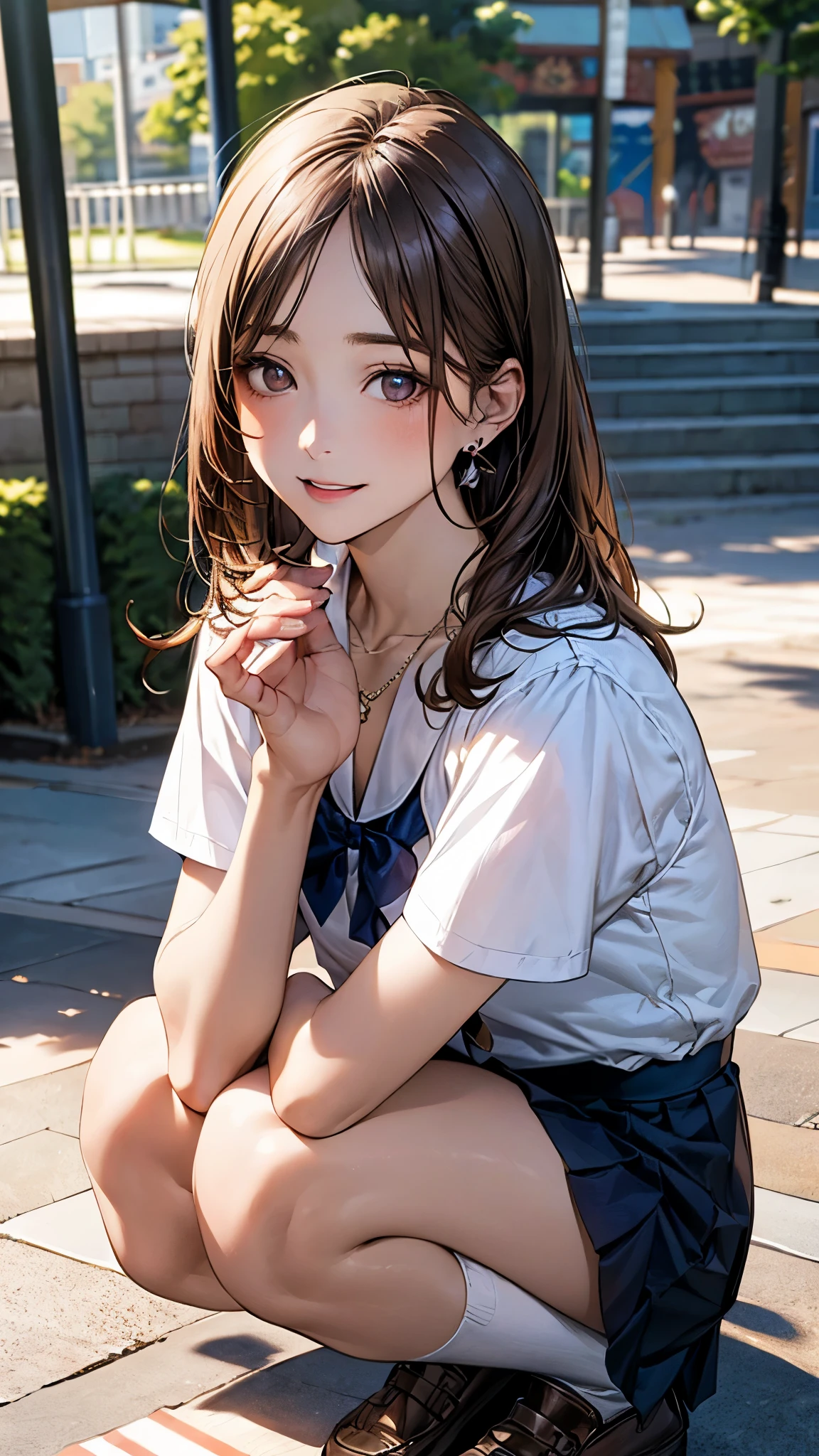 (masterpiece:1.2, top-quality), (realistic, photorealistic:1.4), beautiful illustration, (natural side lighting, movie lighting), nsfw,
beautiful detailed hair, beautiful detailed face, beautiful detailed eyes, beautiful clavicle, beautiful body, beautiful chest, beautiful thigh, beautiful legs, beautiful hands,
looking at viewer, 1 girl, japanese, high school girl, perfect face, cute and symmetrical face, shiny skin,
(long hair, straight hair, brown hair), forehead, gray eyes, slant eyes, big eyes, long eye lasher, (medium breasts), (small ass, thin thighs), slender, outstanding style,
(detailed cloth texture, short sleeve white collared shirt, navy school vest, navy pleated skirt, navy bow tie), earrings, necklace,
(beautiful scenery), amusement park, go-round, ferris wheel, (squatting, crouching, hands on chest, skirt hold), (seductive smile, upper eyes, parted lips),