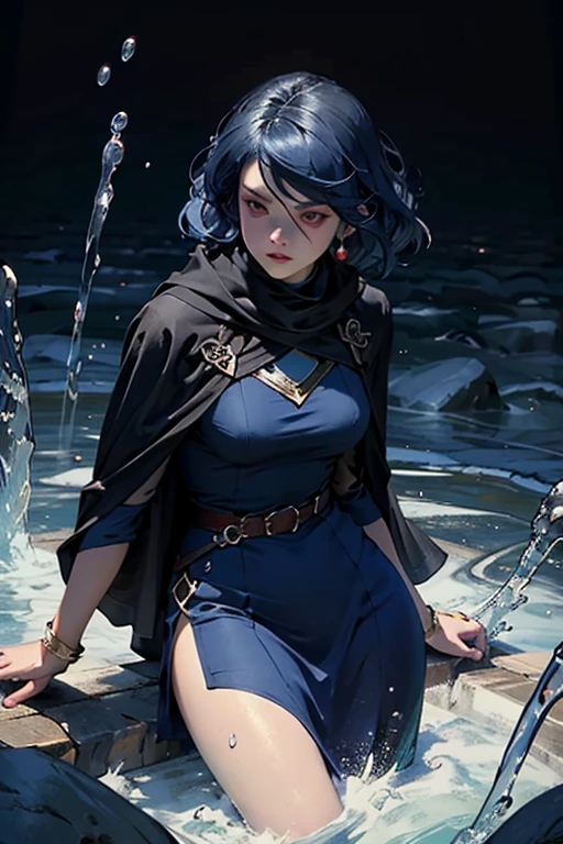 ((best quality)), ((masterpiece)), (detailed), perfect face, mage woman, beautiful, best graphics, soft lighting, navy blue hair, pink eyes, orbs of water floating, seaside, sunset lighting, blue dress, cloak, modest, battle, fight, fierce,