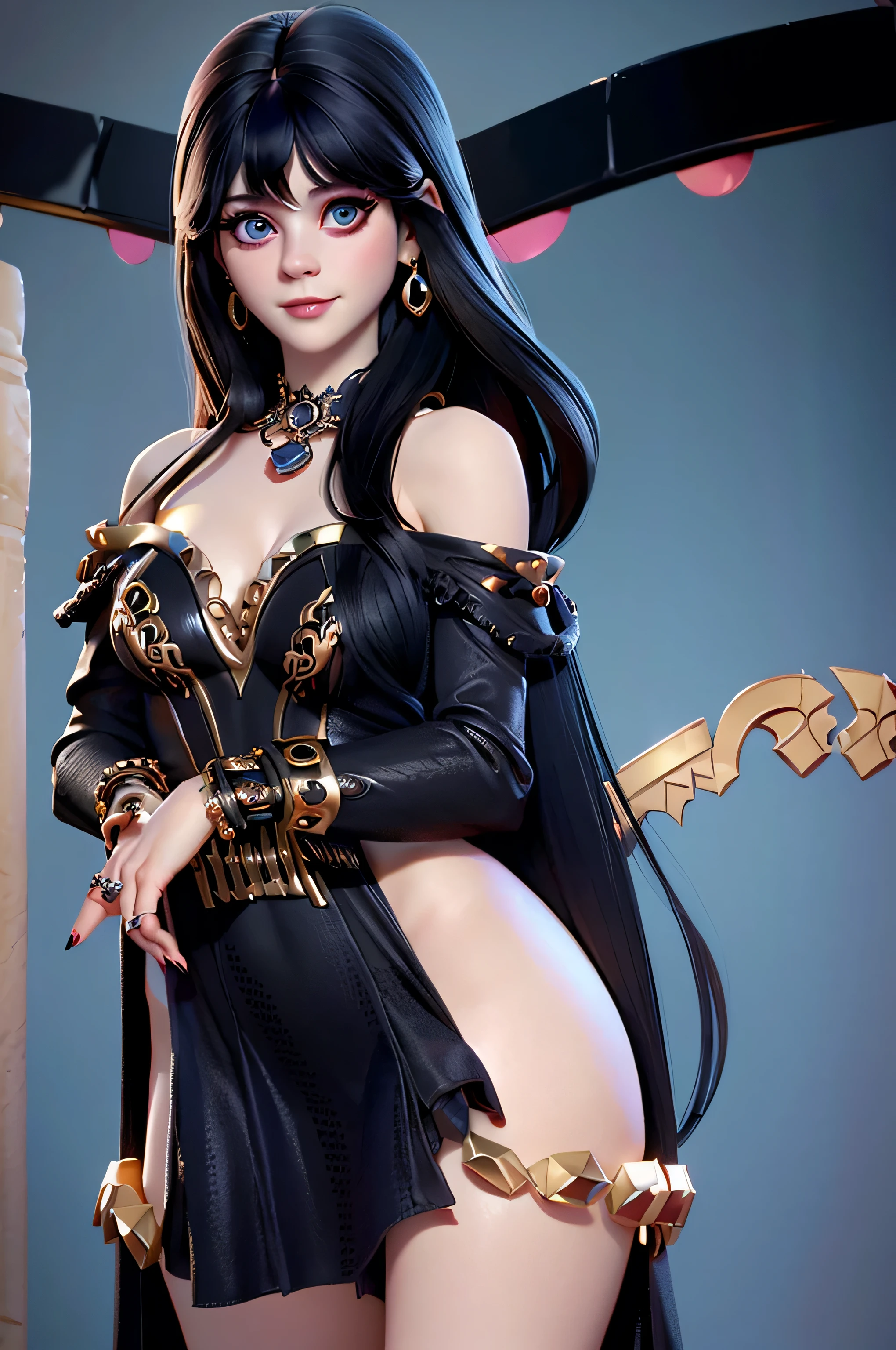 z003yd-v1, Elvira768, Zooey Deschanel, age 16, gynoid physique, (solo:1.1), zooey deschanel, perfect face, (((gothic costume))), (((Dressed in an ornate black robe))), (((Jewelry, bracelet))), cup size E, (((bare shoulders))), solo focus, fully clothed, smartly dressed, smiling, careless styling, medium length hair, dark blue hair, bright eyes blue like the sky, beatiful detailed eyes，bright pupils，（Very fine and beautiful），（Beautiful and detailed eye description), [[delicate fingers and hands:0.55]::0.85], (detail of fingers), facing at camera, (Background with：school corridor，mystic atmosphere), (illustration, cartoon, masterpiece, highly detailed, best qualtiy，cinematic lighting，muted colors, detailed background, A high resolution)