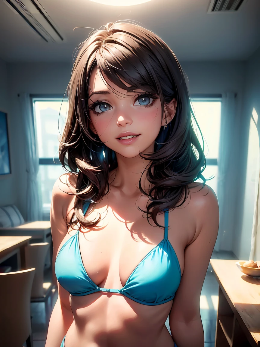 (8k, foto cruda, high quality, Obra maestra:1.2), High definition RAW color photography, professional photography, arte conceptual, (((una mujer joven))), (detallado), (small face), (Piel de alto detalle:1.2), clavicle, cara linda, hermosa apariencia, Beautiful eyelashes, (pelo morado plateado, ojos de color azul, cabello corto), (Hermosos ), (forma de cuerpo delgado:1.4), Highly detallado face and skin texture, ojos finos, double eyelid, ((Una mujer que llevaba una diadema con orejas de gato.:1.2)), Una linda sala POP, Bright lighting, (Mild atmosphere:1.5), (Una sonrisa estallada, Open your mouth and laugh:1.2), sombras profundas y luces, ((Bikini de pelo blanco y esponjoso.:1.5, cola de gato, disfraz de gato blanco sexy))omantic, en el dormitorio, orejas de gato, Acciones audaces, piel hermosa, Piel brillante, (((Dedos perfectos, cinco dedos, anatomically correct))), bokeh de fondo, alta calidad, colores brillantes, ((award-winning photography, Realistic lights and shadows with attention to detail.)), Renderizado 3D inmersivo, Arte 3D profesional,