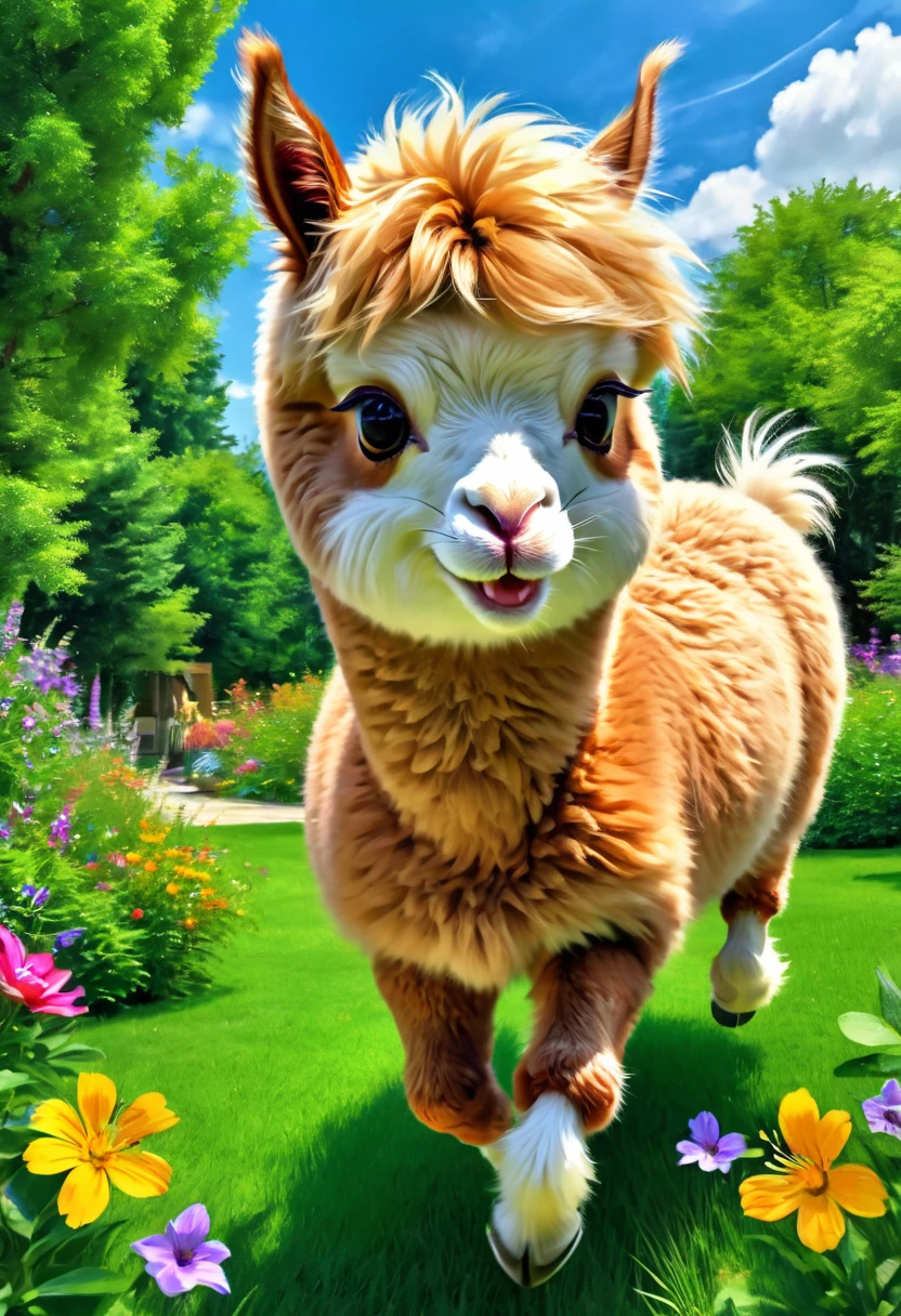 An Alpaca, aesthetic, (best quality,4k,8k,highres,masterpiece:1.2),ultra-detailed,realistic,(photorealistic:1.37),alpaca,cute,playful,expressive,fluffy fur,curious eyes,quirky personality,funny antics,comical poses,joyful atmosphere,vibrant colors,beautifully lit,artistic illustration,whimsical style,lovely garden,scenic background,harmonious composition,natural elements,lush greenery,flowers blooming,colorful butterflies,clear blue sky,sunlit environment,mischievous behavior,exploring surroundings,interacting with objects,random activities,running freely,standing on hind legs,playing with toys,rolling on the grass,eating flowers,making funny faces,enjoying the sunshine,jumping joyfully,raising head and looking around,communicating with other animals,bringing happiness and laughter,spreading positive energy.