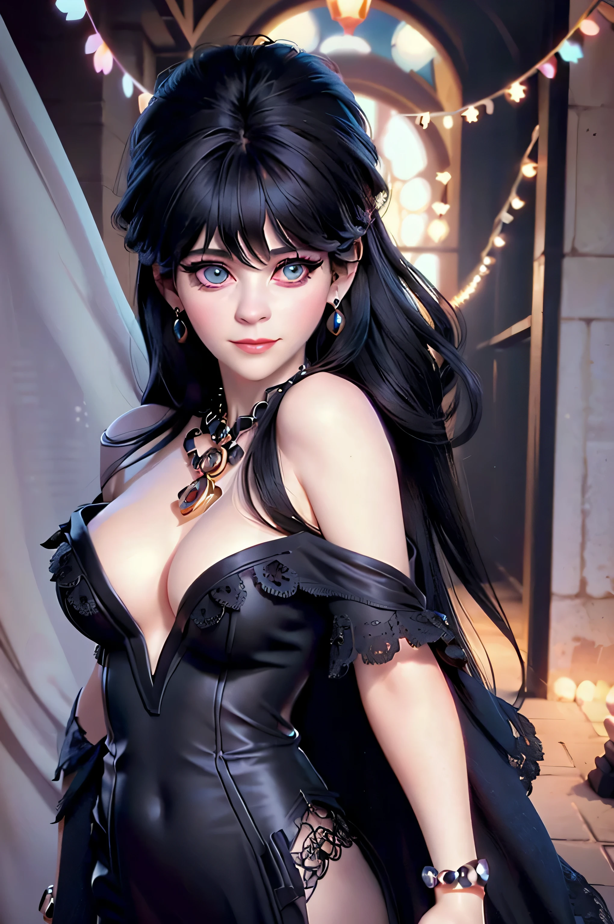 z003yd-v1, Elvira768, Zooey Deschanel, age 16, gynoid physique, (solo:1.1), zooey deschanel, perfect face, (((gothic costume))), (((Dressed in an ornate black robe))), (((Jewelry, bracelet))), cup size E, (((bare shoulders))), solo focus, fully clothed, smartly dressed, smiling, careless styling, medium length hair, dark blue hair, bright eyes blue like the sky, beatiful detailed eyes，bright pupils，（Very fine and beautiful），（Beautiful and detailed eye description), [[delicate fingers and hands:0.55]::0.85], (detail of fingers), facing at camera, (Background with：school corridor，mystic atmosphere), (illustration, cartoon, masterpiece, highly detailed, best qualtiy，cinematic lighting，muted colors, detailed background, A high resolution)