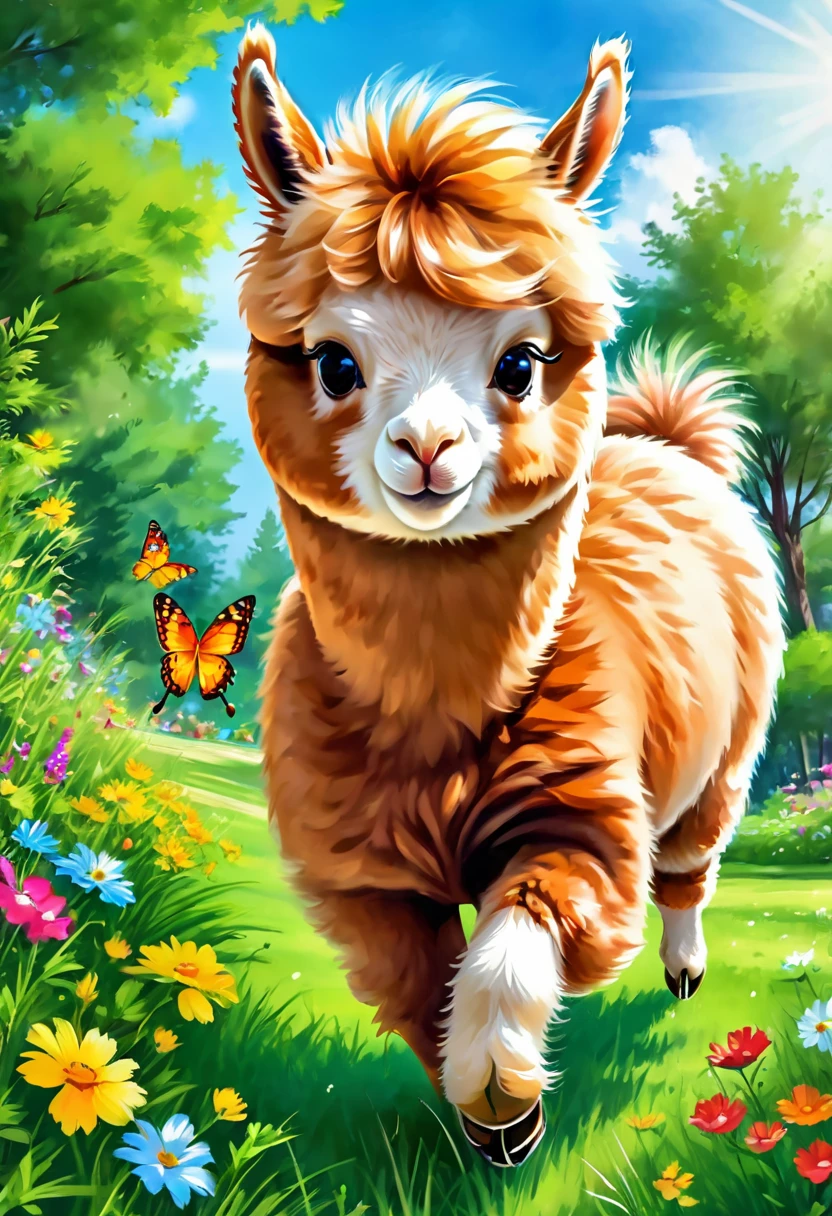 An Alpaca, aesthetic, (best quality,4k,8k,highres,masterpiece:1.2),ultra-detailed,realistic,(photorealistic:1.37),alpaca,cute,playful,expressive,fluffy fur,curious eyes,quirky personality,funny antics,comical poses,joyful atmosphere,vibrant colors,beautifully lit,artistic illustration,whimsical style,lovely garden,scenic background,harmonious composition,natural elements,lush greenery,flowers blooming,colorful butterflies,clear blue sky,sunlit environment,mischievous behavior,exploring surroundings,interacting with objects,random activities,running freely,standing on hind legs,playing with toys,rolling on the grass,eating flowers,making funny faces,enjoying the sunshine,jumping joyfully,raising head and looking around,communicating with other animals,bringing happiness and laughter,spreading positive energy.