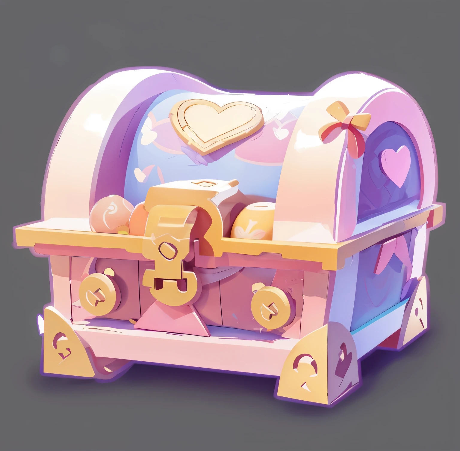 symmetrical pattern，，treasure chest,  pink color, cute, Disney style, European and American cartoons,  stylized game art game assets, 3d rendering style, stylized game art, 3d icons for mobile games, , games Icon stylization, mobile game assets, detailed game art, game icon assets,Negative prompt，Feminine, bright colors