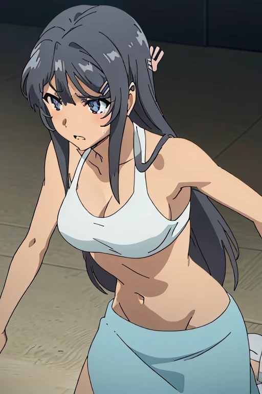 A tan-skinned anime girl lies on the ground, her ribs protruding from her emaciated body. She wears a triangle bikini top that covers her busts and long skirt, her hunger evident in the sweat beads that cover her skin. Rendered in a gritty, anime style.