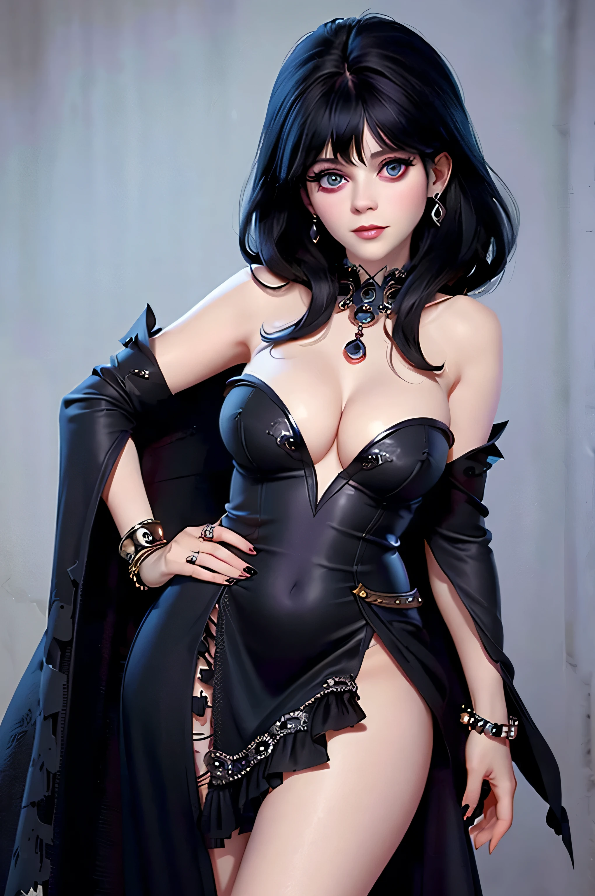 z003yd-v1, Elvira768, Zooey Deschanel, , gynoid physique, (solo:1.1), zooey deschanel, perfect face, (((gothic costume))), (((Dressed in an ornate black robe))), (((The Witch's Dress))), (((Jewelry, bracelet))), cup size E, (((bare shoulders))), solo focus, fully clothed, smartly dressed, smiling, careless styling, medium length hair, dark blue hair, bright eyes blue like the sky, beatiful detailed eyes，bright pupils，（Very fine and beautiful），（Beautiful and detailed eye description), [[delicate fingers and hands:0.55]::0.85], (detail of fingers), facing at camera, (Background with：school corridor，mystic atmosphere), (illustration, cartoon, masterpiece, highly detailed, best qualtiy，cinematic lighting，muted colors, detailed background, A high resolution)