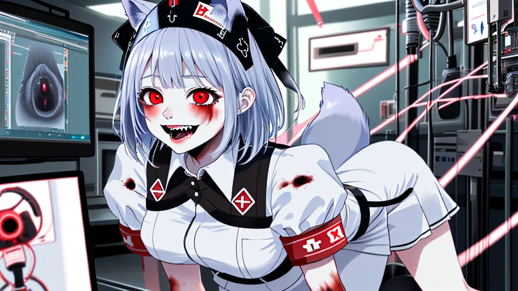 Crazy baby with a strange body，A dark blue tailbone grew，sharp，Wearing red nurse uniform，Red nails growing on hands，Laughing maniacally，hospital background，forward and backward，She used to be a special female soldier，The clothes are tattered，Exposing the hip，There are deep wolf bite marks on the body，flirtatious，best quality，