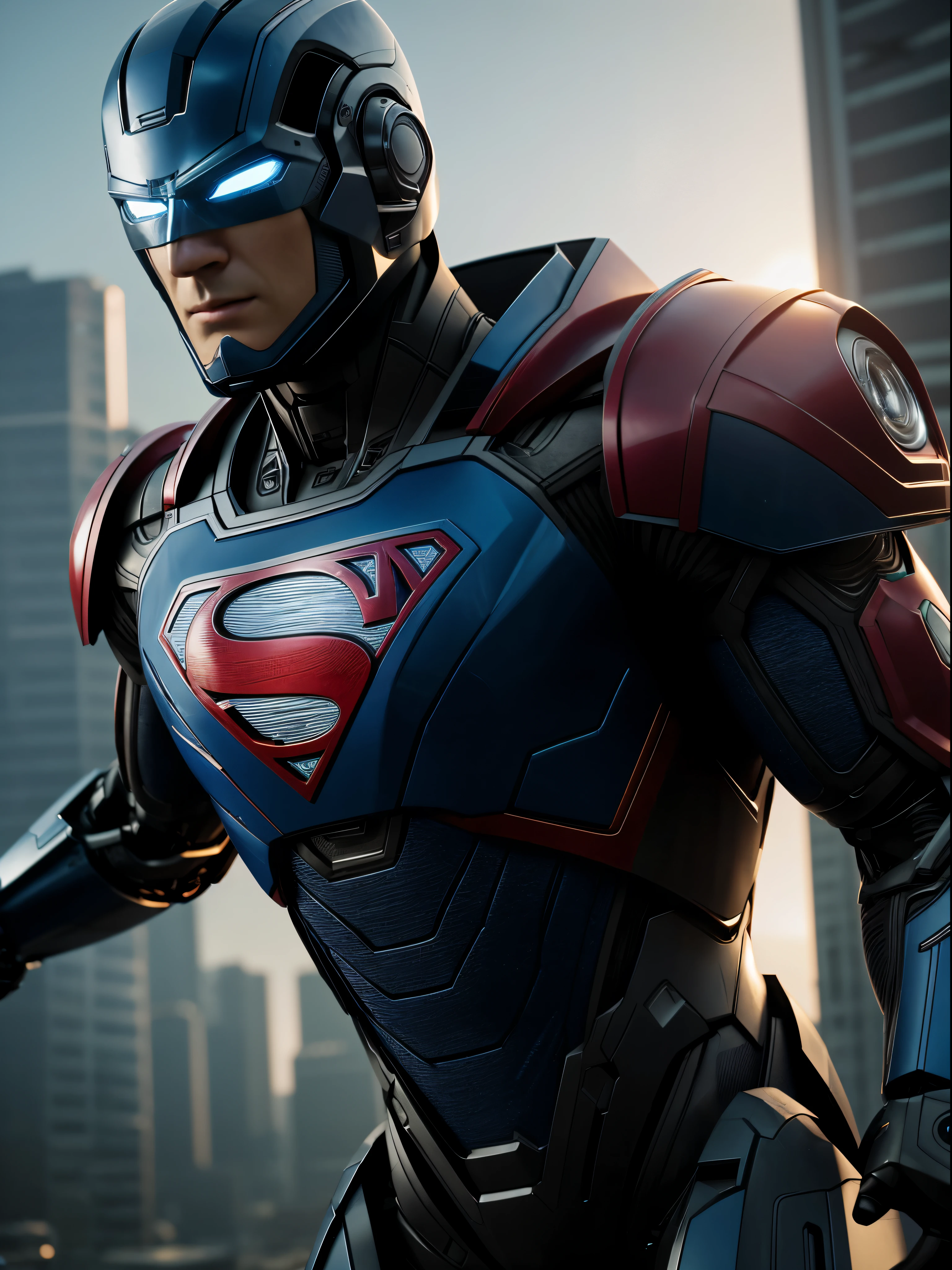 Superman Robot, Robotic style, humanoid robot, Male robot, there is a Superman in a helmet and a helmet on, concept art, cinematic 4k octane render, octane render sci - fi, octane render cinematic, cinematic render unreal engine, 4 k cinematic octane render, cinematic unreal 5, cinematic render, cgsociety uhd 4k highly detailed, cyberpunk art ultrarealistic 8k, detailed cinematic render, cinematic 3d render, 8k octane render