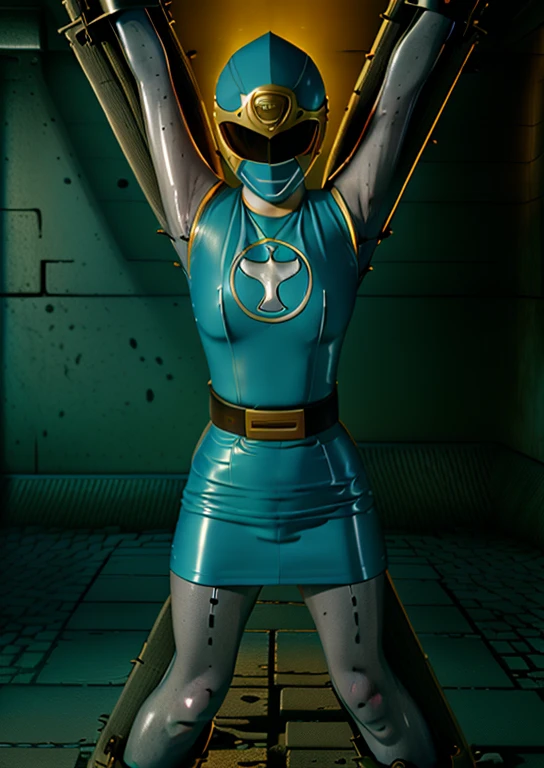 (best quality, masterpiece, RAW photo,ultra-detailed:1.2), 1girl, solo, looking at viewer, ((Hurricane Blue outfit, belt, gloves, helmet, blue spandex vest, sunglasses, blue boots, blue skirt, gray leggings, white gloves)), large breasts, (((spread legs:1.1))), tied in wooden X cross, captured, bondage, bdsm, nsfw, raised arms, dark room, eerie light, industrial background, full body render, head to feet view, creampie, wet