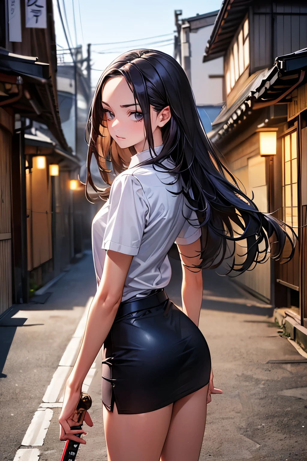 girl with very long black ponytail show her backside neck