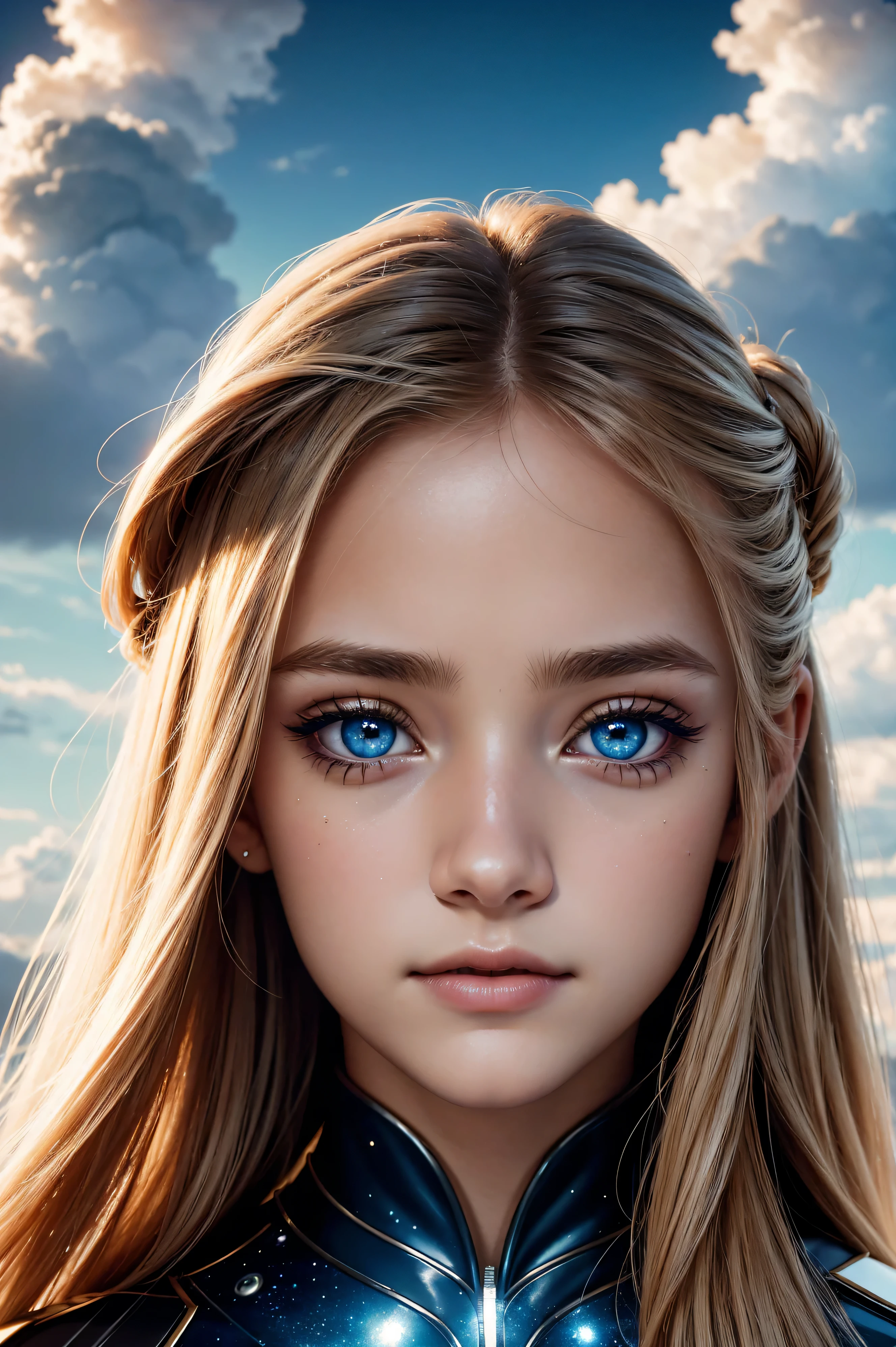 mENINA BLONDE CHILD LONG HAIR WEARING A HAT , nuclear explosion, fire, raio.