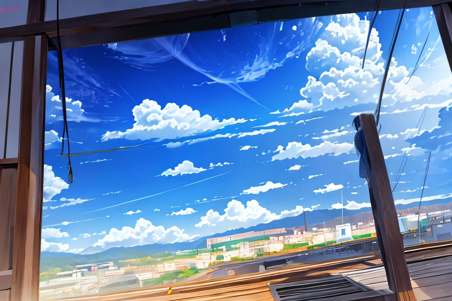 Anime background,Just Mon]ika silhouette observing the blue sky by the morning on the window, hello world