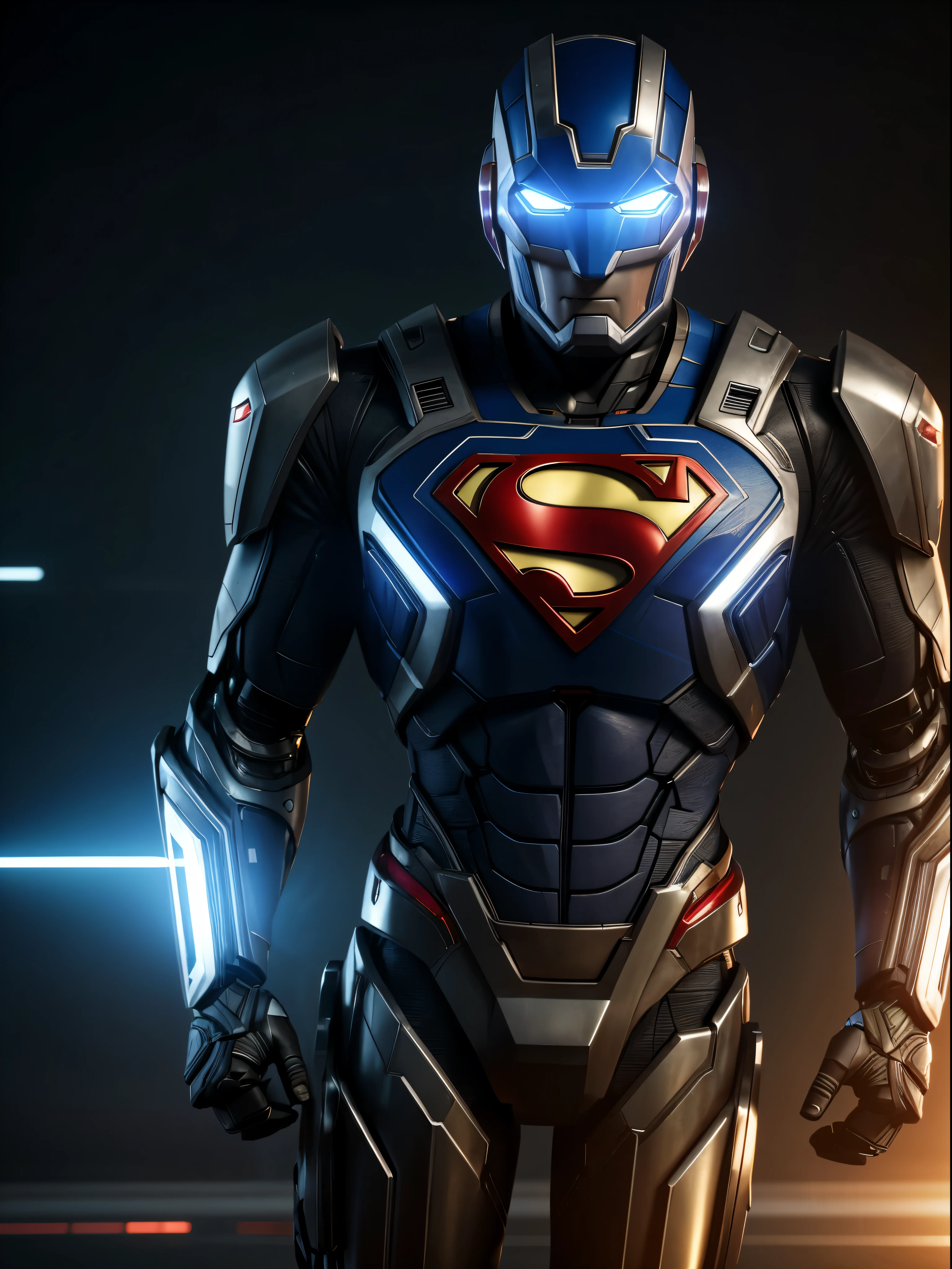 Superman Robot, Robotic style, humanoid robot, Male robot, there is a Superman in a helmet and a helmet on, concept art, cinematic 4k octane render, octane render sci - fi, octane render cinematic, cinematic render unreal engine, 4 k cinematic octane render, cinematic unreal 5, cinematic render, cgsociety uhd 4k highly detailed, cyberpunk art ultrarealistic 8k, detailed cinematic render, cinematic 3d render, 8k octane render