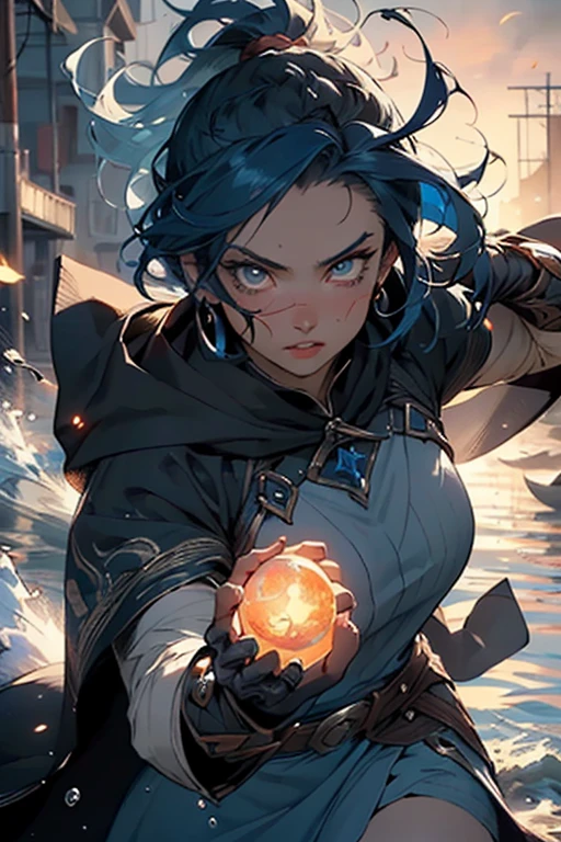 ((best quality)), ((masterpiece)), (detailed), perfect face, warrior mage woman, beautiful, best graphics, soft lighting, vivid navy blue hair, beautiful eyes, orbs of water floating, seaside, sunset lighting, blue dress, cloak, modest, battle, fight, fierce, action