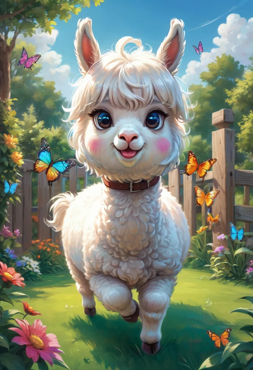 An Alpaca, aesthetic, (best quality,4k,8k,highres,masterpiece:1.2),ultra-detailed,realistic,(photorealistic:1.37),alpaca,cute,playful,expressive,fluffy fur,curious eyes,quirky personality,funny antics,comical poses,joyful atmosphere,vibrant colors,beautifully lit,artistic illustration,whimsical style,lovely garden,scenic background,harmonious composition,natural elements,lush greenery,flowers blooming,colorful butterflies,clear blue sky,sunlit environment,mischievous behavior,exploring surroundings,interacting with objects,random activities,running freely,standing on hind legs,playing with toys,rolling on the grass,eating flowers,making funny faces,enjoying the sunshine,jumping joyfully,raising head and looking around,communicating with other animals,bringing happiness and laughter,spreading positive energy.