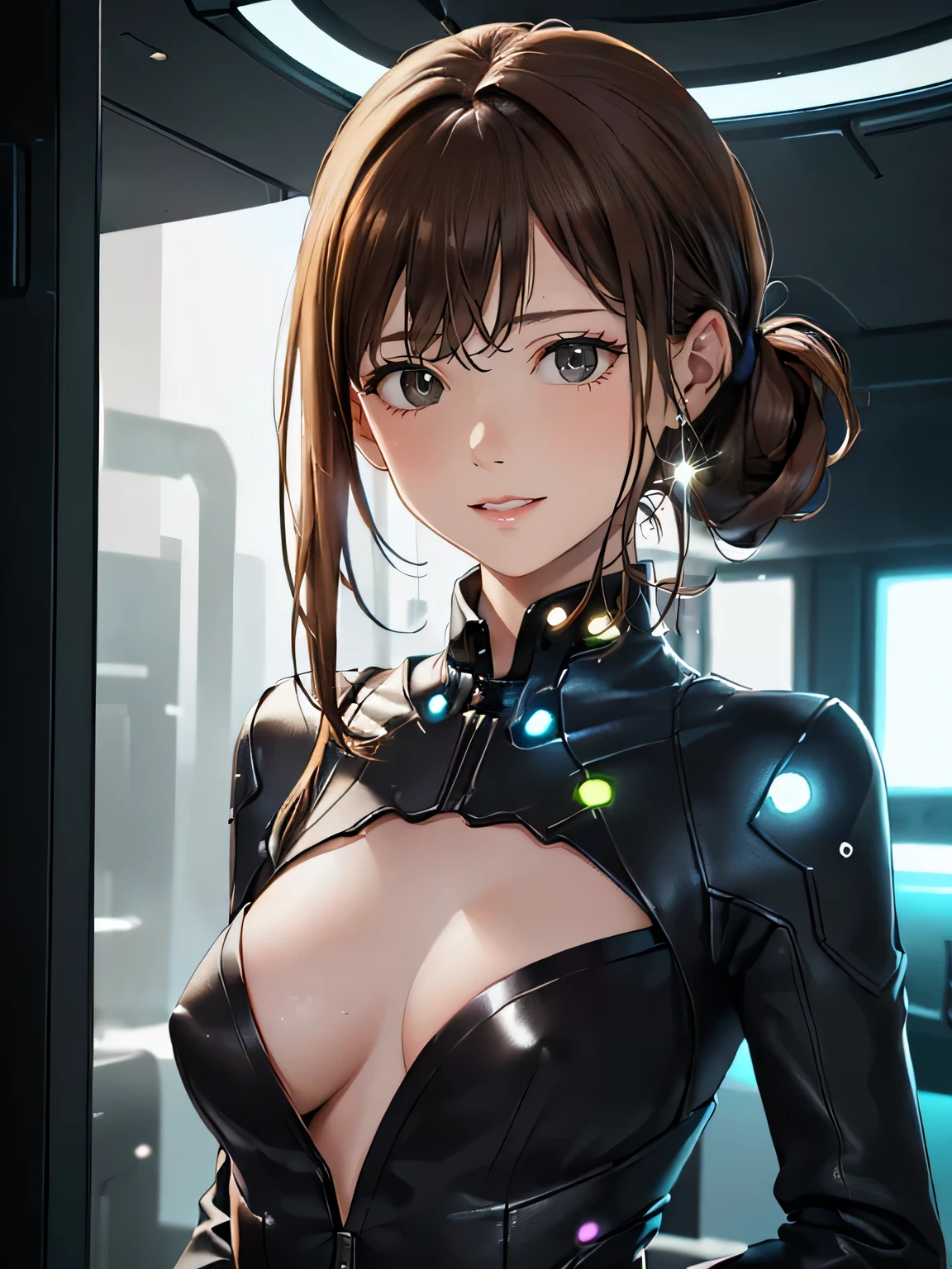(highest quality:1.4, Add intense highlights to your eyes:1.4, Shiny brown hair up:1.4 ), 1 girl, light brown eyes, droopy eyes, eyelash, droopy eyes:1.5, small eyes, lip gloss:1.4, (droopy eyes, look away), angle from below, (thin waist, toned stomach, thin thighs, realistic size of eyes, unbuttoned shirt, tits, nipple,) (cyber bar: Inside a dimly lit bar、The girl is wearing futuristic clothes、Relax in a space decorated with complex light arrangements and digital art.。)