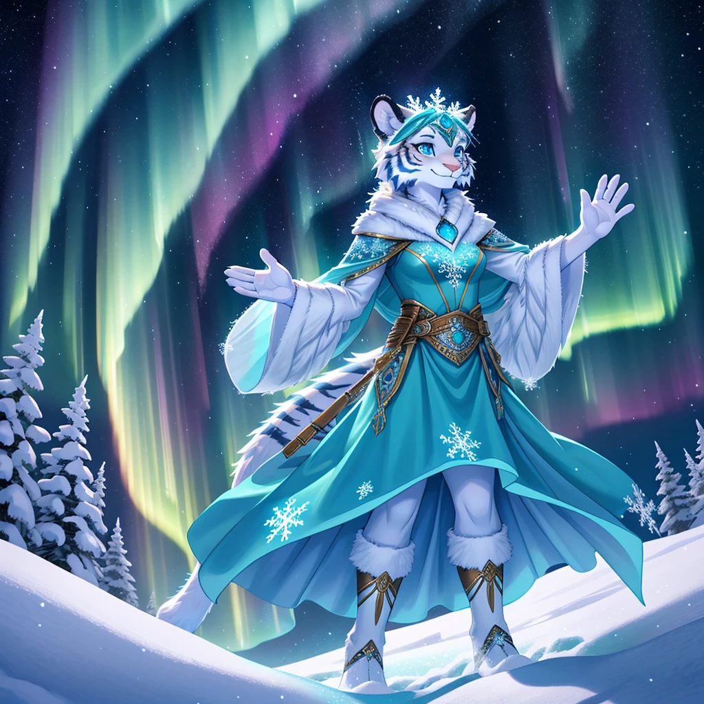 high quality digital art, fantasy style art, a white heroic female anthropomorphic tiger, white fur, healthy and skinny body, blue eyes, eyelashes, wearing a teal dress with ice and snowflake designs, smiling, waving snowflake magic with her hands, on a snowy mountaintop, aurora borealis