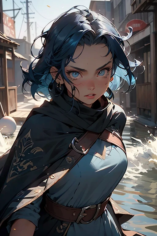 ((best quality)), ((masterpiece)), (detailed), perfect face, warrior mage woman, beautiful, best graphics, soft lighting, vivid navy blue hair, beautiful eyes, orbs of water floating, seaside, sunset lighting, blue dress, cloak, modest, battle, fight, fierce, action