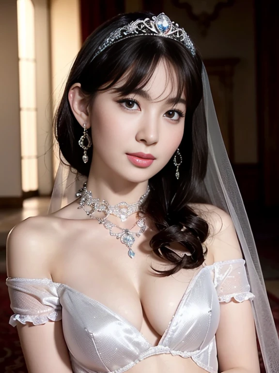 high quality、High resolution、masterpiece、sharp focus、realistic、photo-realistic、RAW photo、cinematic lighting、Photorealistic portrait of stunningly beautiful woman、slight smile、brown eyes、Natural textures、rich colors、ultra realistic texture、cowboy shot、Chignon's hairstyle、short black hair、glowing skin、light smile、(Small breasts:1.1)、Off-the-shoulder white wedding dress、Snow White Veil、choker、silver tiara、necklace、earrings、highly detailed face、fine eyes、looking at the viewer、Luxurious rooms in the palace、focus on face、detailed hand drawn、Detailed chest depiction, sexy belly