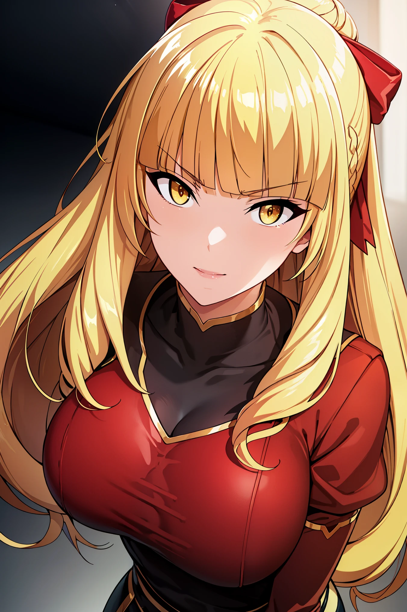 Simple White Background, 
(hair bun, juliet sleeves, long sleeves, puffy sleeves, red bow, red dress, sidelocks, single hair bun:1.2)
Hair ribbon, (High_ponytail:1.2), yellow eyes,(blonde_hair:1.2), blunt bangs,Long hair,
1 girl, 20yo,Young female,Beautiful Finger,Beautiful long legs,Beautiful body,
Beautiful Nose,Beautiful character design, perfect eyes, perfect face,expressive eyes,perfect balance,
BREAK from above, looking at viewer, closed mouth, (innocent_big_eyes:1.0),(Light_Smile:0.3),
official art,extremely detailed CG unity 8k wallpaper, perfect lighting,Colorful, Bright_Front_face_Lighting,White skin,
(masterpiece:1.0),(best_quality:1.0), ultra high res,4K,ultra-detailed,
photography, 8K, HDR, highres, absurdres:1.2, Kodak portra 400, film grain, blurry background, bokeh:1.2, lens flare, (vibrant_color:1.2),professional photograph,(Beautiful,large_Breasts:1.4), (beautiful_face:1.5),(narrow_waist),