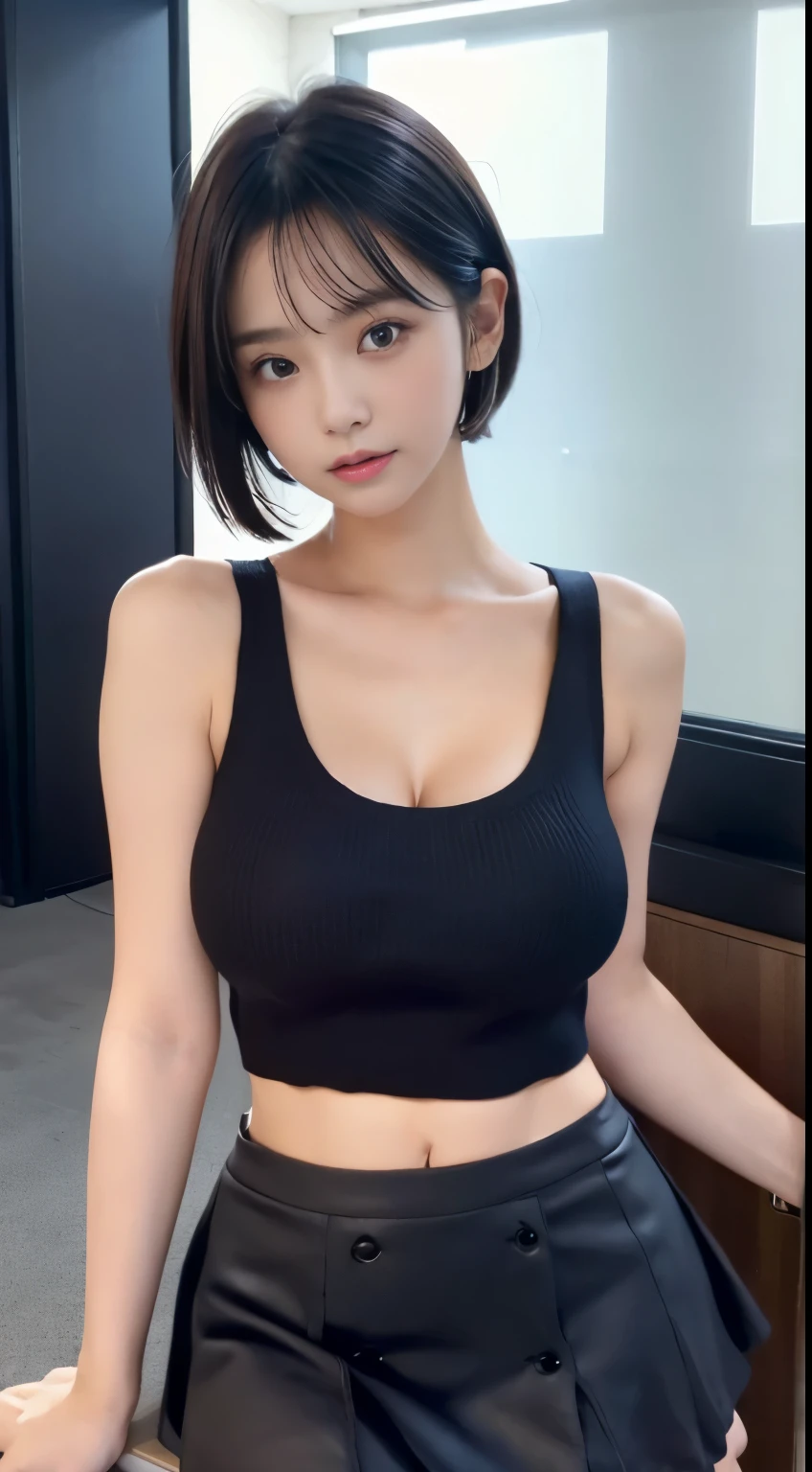 1 girl、((sexy tank top sweater、mini skirt))、Random Shorthair(Black Hair:1)、G-Cup(Huge breasts)、(((Saggy breasts))),Looking at the audience、、whole body、Perfect hands