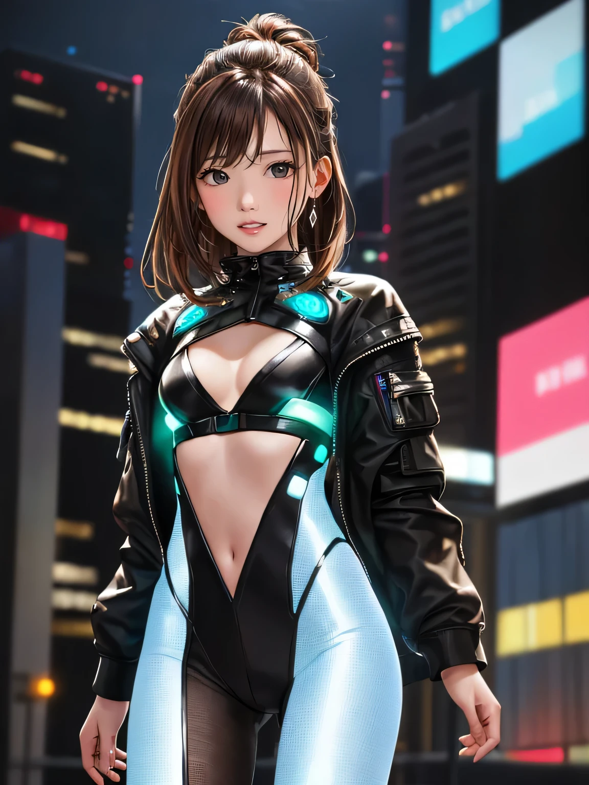 (highest quality:1.4, Add intense highlights to your eyes:1.4, Shiny brown hair up:1.4 ), 1 girl, light brown eyes, droopy eyes, eyelash, droopy eyes:1.5, small eyes, lip gloss:1.4, (droopy eyes, look away), "Cyberpunk fashion show in the heart of a futuristic city、A runway illuminated with neon lights and digital billboardodels from diverse ethnic backgrounds wear costumes that combine cutting-edge technology with traditional elements.、LED lighting and holographic accessories、Transparent and metallic clothing、Model wearing cybernetic prosthetics、Dynamic Electronic Music、High level of detail、realistic texture、cyberpunk style"