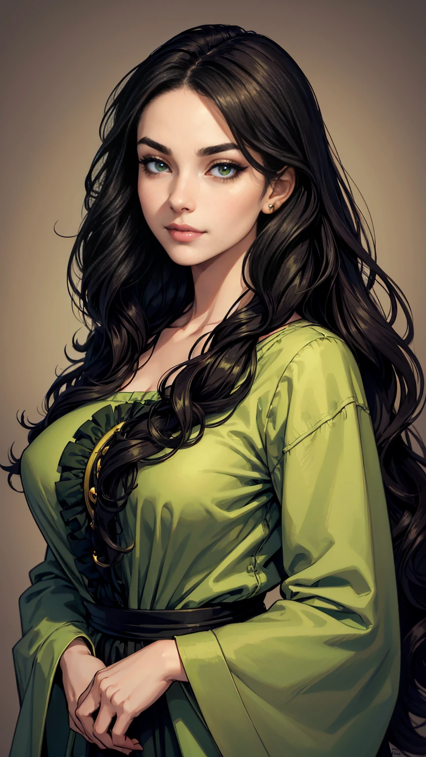 (high quality, masterpiece, absurdity), Portrait of a Young Woman, black hair, Wavy hair, hair length, thin eyebrows, Beautiful face, green eyes, slight smile, long dark eyelashes, plump beautiful lips, female focus, casual wear, detailed face, Simple background,