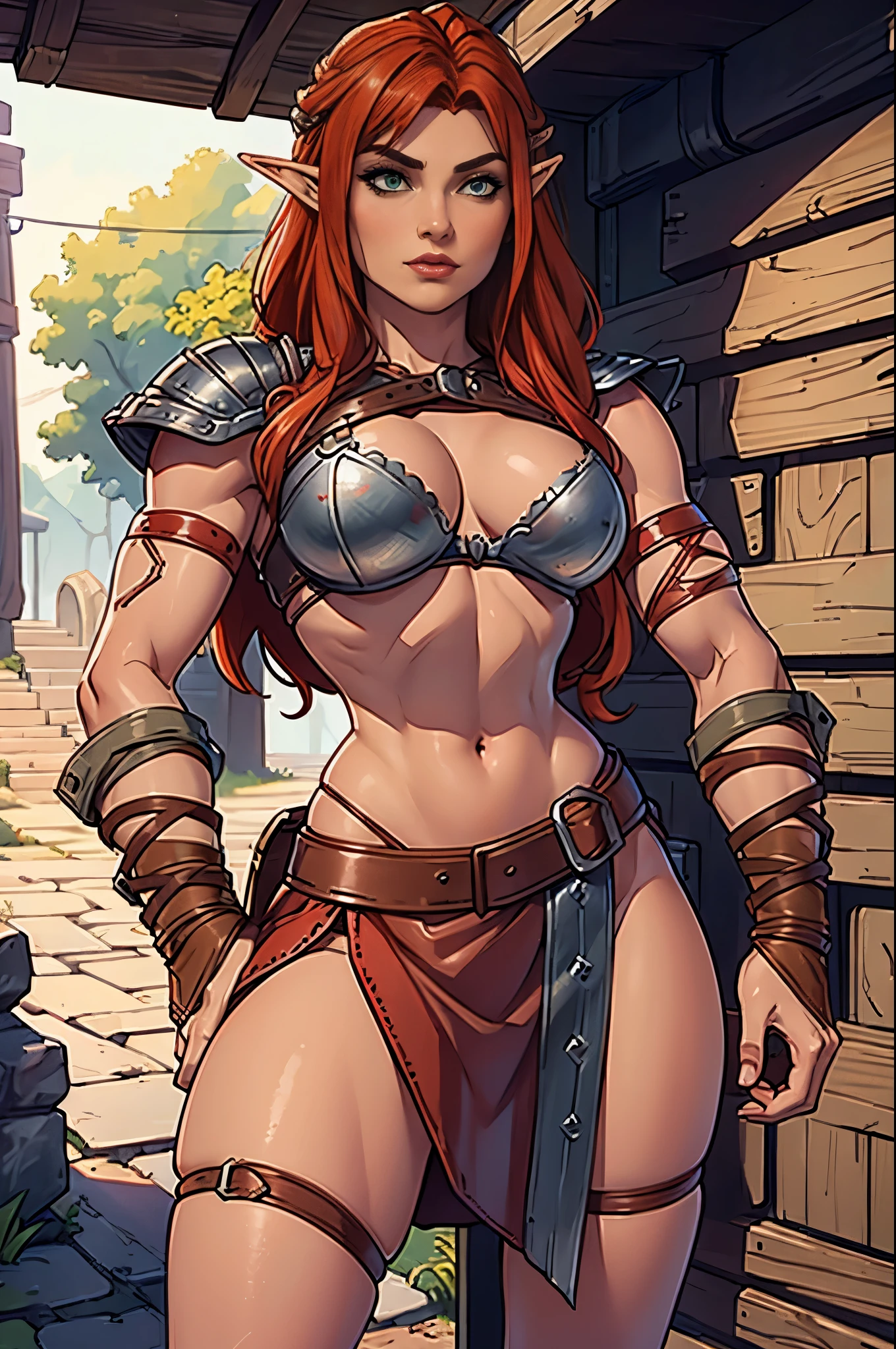 ((8k, masterpiece, very detailed)) Female barbarian elf, red hair, leather skirt ((armor:1.2))