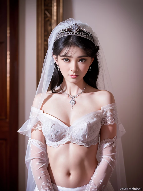 high quality、High resolution、masterpiece、sharp focus、realistic、photo-realistic、RAW photo、cinematic lighting、Photorealistic portrait of stunningly beautiful woman、slight smile、brown eyes、Natural textures、rich colors、ultra realistic texture、cowboy shot、Chignon's hairstyle、short black hair、glowing skin、light smile、(Small breasts:1.1)、Off-the-shoulder white wedding dress、Snow White Veil、choker、silver tiara、necklace、earrings、highly detailed face、fine eyes、looking at the viewer、Luxurious rooms in the palace、focus on face、detailed hand drawn、Detailed chest depiction, sexy belly