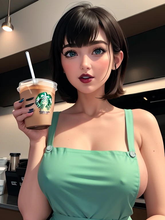 good anatomy, masterpiece, best quality, 4k, 8k, professional photography, soft light, sharp focus,1girl,
meme_iced_latte_with_breast_milk_ownwaifu, ownwaifu,starbucks,
cafe, blurry background, bokeh, light particles, apron, barista, breasts, collarbone, cup, green_apron, coffee, holding, holding_cup,
iced_latte_with_breast_milk_(meme), looking_at_viewer, meme, naked_apron, sideboob, solo, curvy, narrow waist, ANIME_Short hair,breasts,huge breasts,large breasts,bangs,blue eyes,sidelocks,lipstick,makeup,black hair,hair between eyes,red lips,eyebrows visible through hair,
