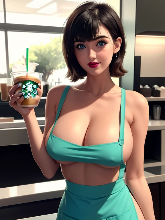 good anatomy, masterpiece, best quality, 4k, 8k, professional photography, soft light, sharp focus,1girl,
meme_iced_latte_with_breast_milk_ownwaifu, ownwaifu,starbucks,
cafe, blurry background, bokeh, light particles, apron, barista, breasts, collarbone, cup, green_apron, coffee, holding, holding_cup,
iced_latte_with_breast_milk_(meme), looking_at_viewer, meme, naked_apron, sideboob, solo, curvy, narrow waist, ANIME_Short hair,breasts,huge breasts,large breasts,bangs,blue eyes,sidelocks,lipstick,makeup,black hair,hair between eyes,red lips,eyebrows visible through hair,
