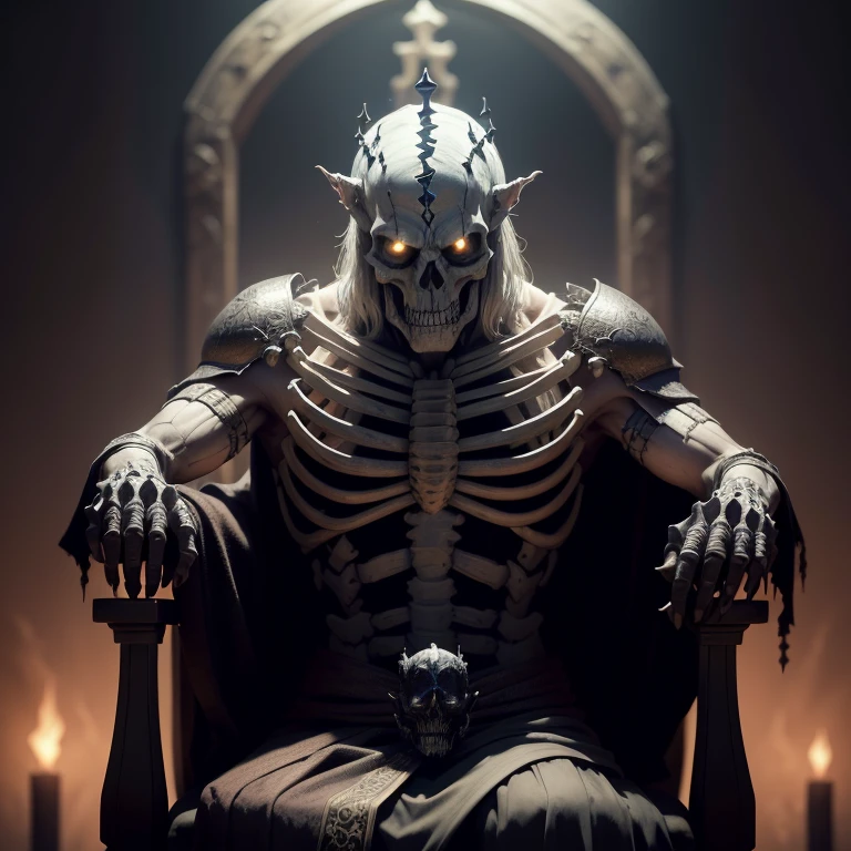 1. Skeleton King: A terrifying monarch of the underworld, clad in bones and decay, radiantly depicted in (8k, highest quality, masterpiece: 1.2). His hollow eyes seem to pierce through the deeply dark and realistic backdrop (photo-realistic: 1.37), with every bone sharply detailed in ultra-high resolution and expertly illuminated using professional lighting, photon mapping, and cinema lighting. His throne, carved from ancient stones, emits a faint, eerie glow, casting long, ominous shadows on the surrounding (Realistic, photo-realistic: 1.37) goblin subjects.
2.