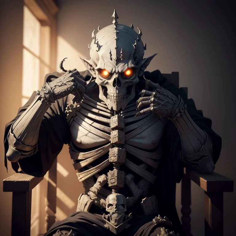1. Skeleton King: A terrifying monarch of the underworld, clad in bones and decay, radiantly depicted in (8k, highest quality, masterpiece: 1.2). His hollow eyes seem to pierce through the deeply dark and realistic backdrop (photo-realistic: 1.37), with every bone sharply detailed in ultra-high resolution and expertly illuminated using professional lighting, photon mapping, and cinema lighting. His throne, carved from ancient stones, emits a faint, eerie glow, casting long, ominous shadows on the surrounding (Realistic, photo-realistic: 1.37) goblin subjects.
2.