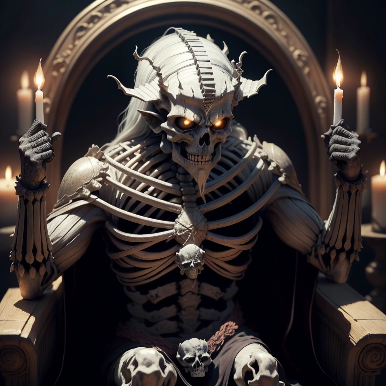 1. Skeleton King: A terrifying monarch of the underworld, clad in bones and decay, radiantly depicted in (8k, highest quality, masterpiece: 1.2). His hollow eyes seem to pierce through the deeply dark and realistic backdrop (photo-realistic: 1.37), with every bone sharply detailed in ultra-high resolution and expertly illuminated using professional lighting, photon mapping, and cinema lighting. His throne, carved from ancient stones, emits a faint, eerie glow, casting long, ominous shadows on the surrounding (Realistic, photo-realistic: 1.37) goblin subjects.
2.