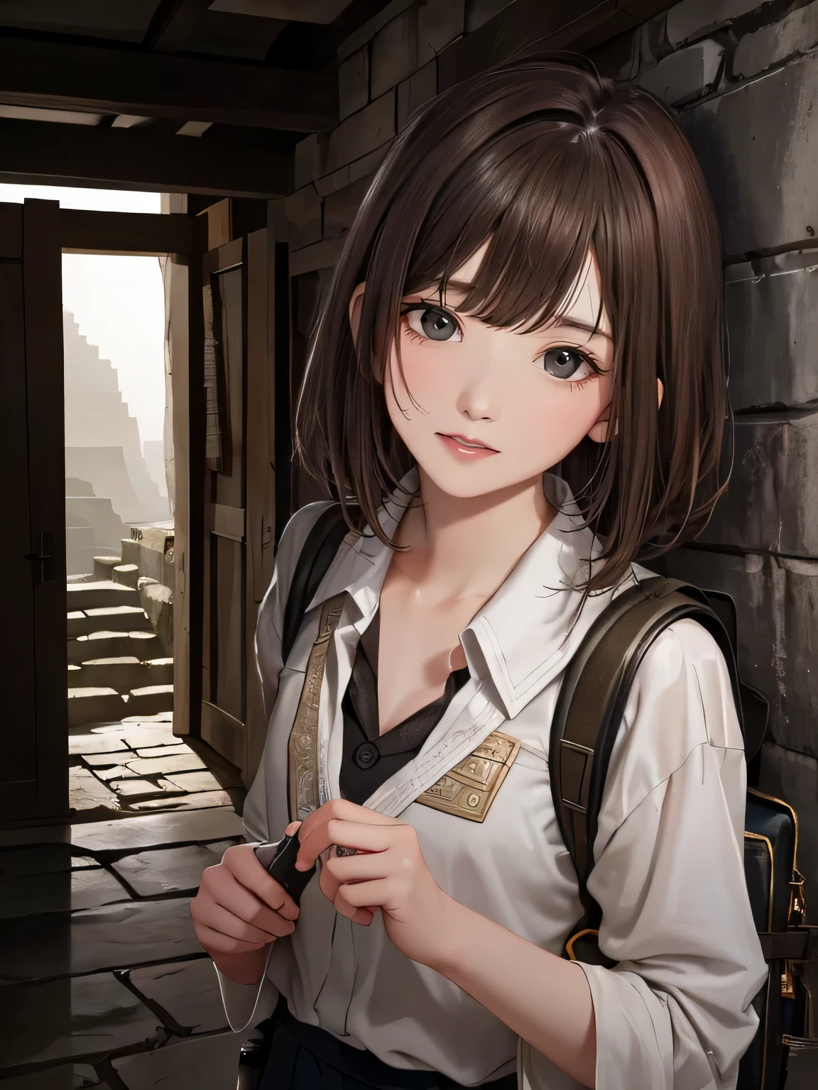 (highest quality:1.4, Add intense highlights to your eyes:1.4, Shiny brown hair up:1.4 ), 1 girl, light brown eyes, droopy eyes, eyelash, droopy eyes:1.5, small eyes, lip gloss:1.4, (droopy eyes, look away),  "Inside the ancient ruins with a little sunlight streaming in、The walls are decorated with intricate hieroglyphics and murals.、Telling the story of time。In the center is a huge stone door.、Around it々The tools and lanterns left behind by explorers from that era are scattered around.。The ruins explorer、holding an ancient map in hand、Wear a headlamp on your head、carry a backpack on your back、Carefully trying to decipher the stone door。the air is humid、The cries of unknown animals can be heard from afar.。High level of detail、realistic texture、mysterious atmosphere", ((Ultra realistic details))、Portrait、global illumination、Shadow、octane rendering、8K、super sharp、Huge 、Raw skin exposed in cleavage、Enamel stockings、cinematic lighting effects、