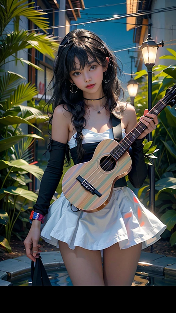 An iperrealistic teenager , hermosa. Cuerpo completo, small breasts, cadera mediana, cabello largo color negro. Ojos hermosos, labios rojos, maquillaje espectacular. Vistiendo playera corta color negra, falda de mezclilla corta de color azul. Parada de frente, tocando un ukulele. (( parada arriba de enecario artistico)), ((Concierto nocturno)), ((luces de colores)), ((reflectores)),((perfecta iluminacion)). Mejor calidad, detalles ultra finos.