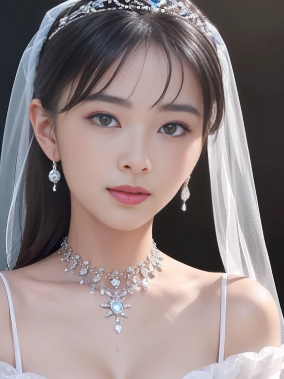 high quality、High resolution、masterpiece、sharp focus、realistic、photo-realistic、RAW photo、cinematic lighting、Photorealistic portrait of stunningly beautiful woman、slight smile、brown eyes、Natural textures、rich colors、ultra realistic texture、cowboy shot、Chignon's hairstyle、short black hair、glowing skin、light smile、(Small breasts:1.1)、Off-the-shoulder white wedding dress、Snow White Veil、choker、silver tiara、necklace、earrings、highly detailed face、fine eyes、looking at the viewer、Luxurious rooms in the palace、focus on face、detailed hand drawn、Detailed chest depiction, sexy belly