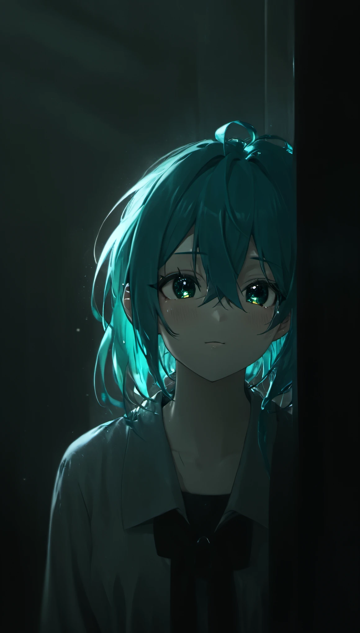 score_9, score_8_up, score_7_up, score_6_up, score_5_up, score_4_up, 1 girl, Hatsune Miku, cute face, 43stl1ght1ng, low light, dramatic lighting, darkness, window lighting, eye lighting, water, black background, extremely dark room