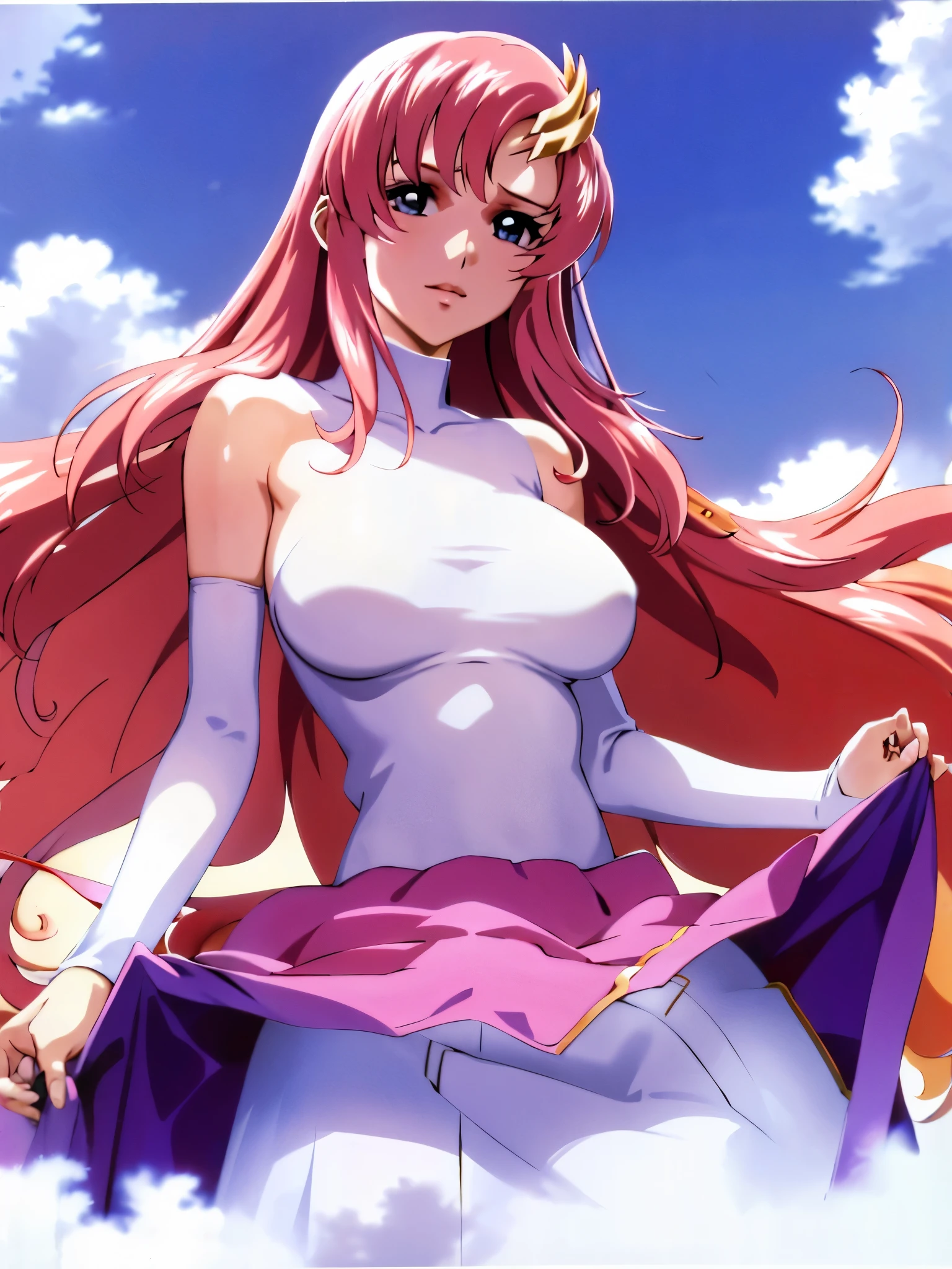Armpit Show,masterpiece, highest quality, High resolution, anime, Lux 1, 1 Girl, alone, Lux 1, 1 Girl, alone, Pink Hair, Straight hair, hair ornaments, removable white sleeves, blue eyes, White Dress, Purple Skirt, Long skirt, Very long hair, Bare shoulders, big breasts, (Skirt Lift:1.3), (Thong:1.1), Chest Flash