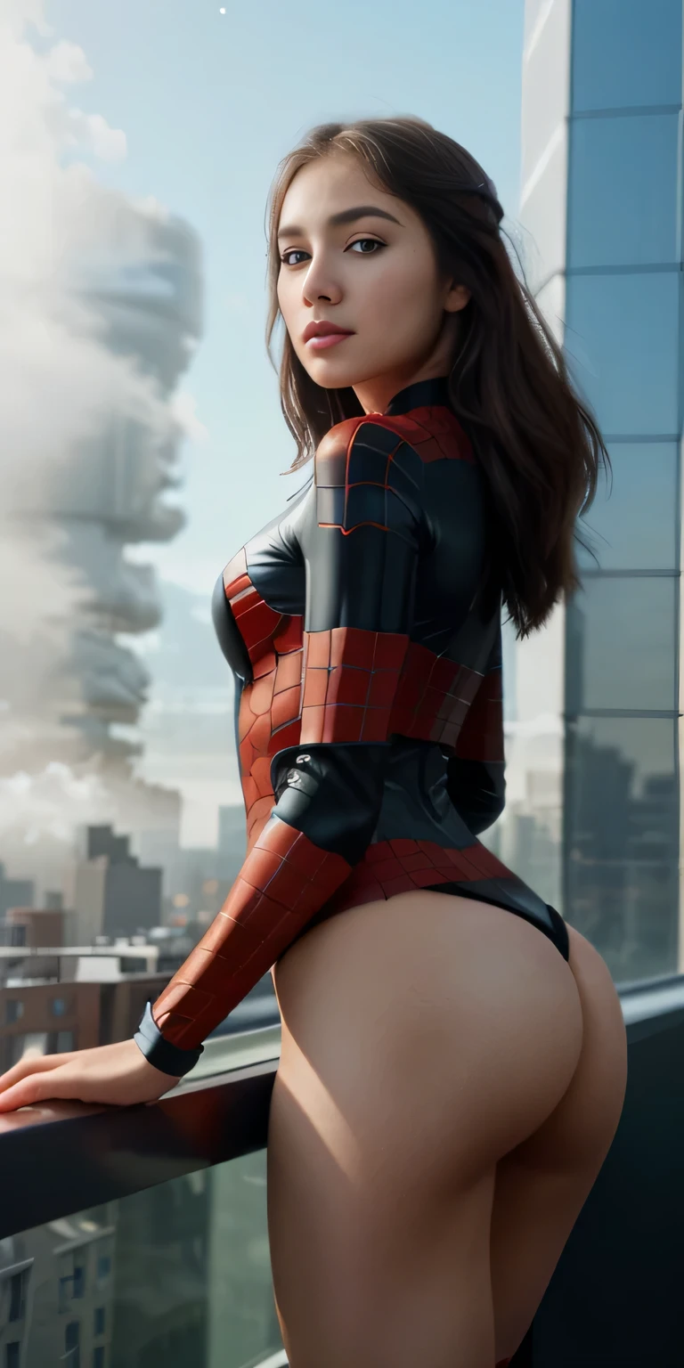 (1girl:1.3), Solo, (((Very detailed face)))), ((Very detailed eyes and face)))), Beautiful detail eyes, Body parts__, Official art, Unified 8k wallpaper, Super detailed, beautiful and beautiful, beautiful, masterpiece, best quality, original, masterpiece, super fine photo, best quality, super high resolution, realistic realism, sunlight, full body portrait, amazing beauty, dynamic pose, delicate face, vibrant eyes, (from the front), She wears Spider-Man suit, red and black color scheme, spider, very detailed city roof background, rooftop, overlooking the city, detailed face, detailed complex busy background, messy, gorgeous, milky white, highly detailed skin, realistic skin details, visible pores, clear focus, volumetric fog, 8k uhd, DSLR, high quality, film grain, fair skin, photo realism, lomography, futuristic dystopian megalopolis, translucent, big butt, panties