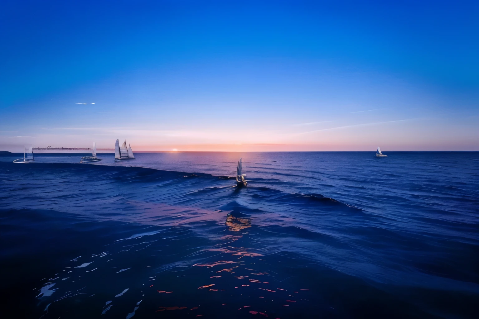 Enhance the existing image by seamlessly integrating four America's Cup-style boats at the distant horizon both right and left, complementing the scene with their dynamic presence. Ensure they blend naturally with the existing elements, adding to the allure and sense of adventure in the composition. also make boats big not too short.