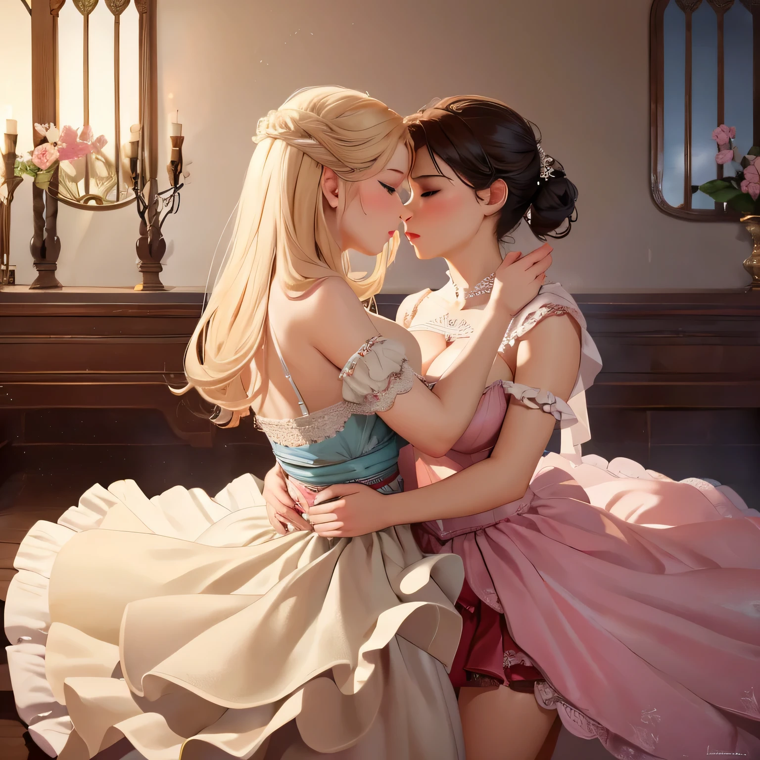 (best quality,4k,8k,highres,masterpiece:1.2),ultra-detailed,realistic:1.37,two girls kissing,long red sheer skirt,gr3ysh33r posing,beautiful detailed eyes,beautiful detailed lips,feminine and romantic atmosphere,gentle touch,soft lighting,vivid colors,romantic and intimate setting,subtle wind blowing the skirt,passionate expressions,delicate lace details,seductive and sensual embrace,dreamy and ethereal background,subdued tones,evoking love and desire,subtle blush on their cheeks,mystical and enchanting charm,whispering secrets,lost in the moment,artistic composition with dynamic angles,emotive and powerful connection,unforgettable and timeless scene,masterfully painted,impeccable attention to detail,magical and mesmerizing,artistic inspiration from Renaissance paintings,classic beauty with a modern twist,filled with love and longing,celebration of love's embrace.