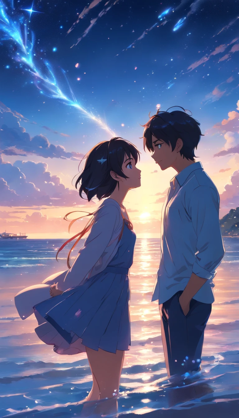 Romantic couple kissing in the wind,Boys and girls, they have black hair, blue eyes, glowing stars,Glow effects,Heart-shaped bubbles,the night,On a cruise ship,The face is clear and accurate,detail in face,super-fine,beachside,16K resolution,high qulity,Movie Lighting,High picture detail,dynamic viewing angle,Detailed pubic hair,Epic shooting,oc rendered