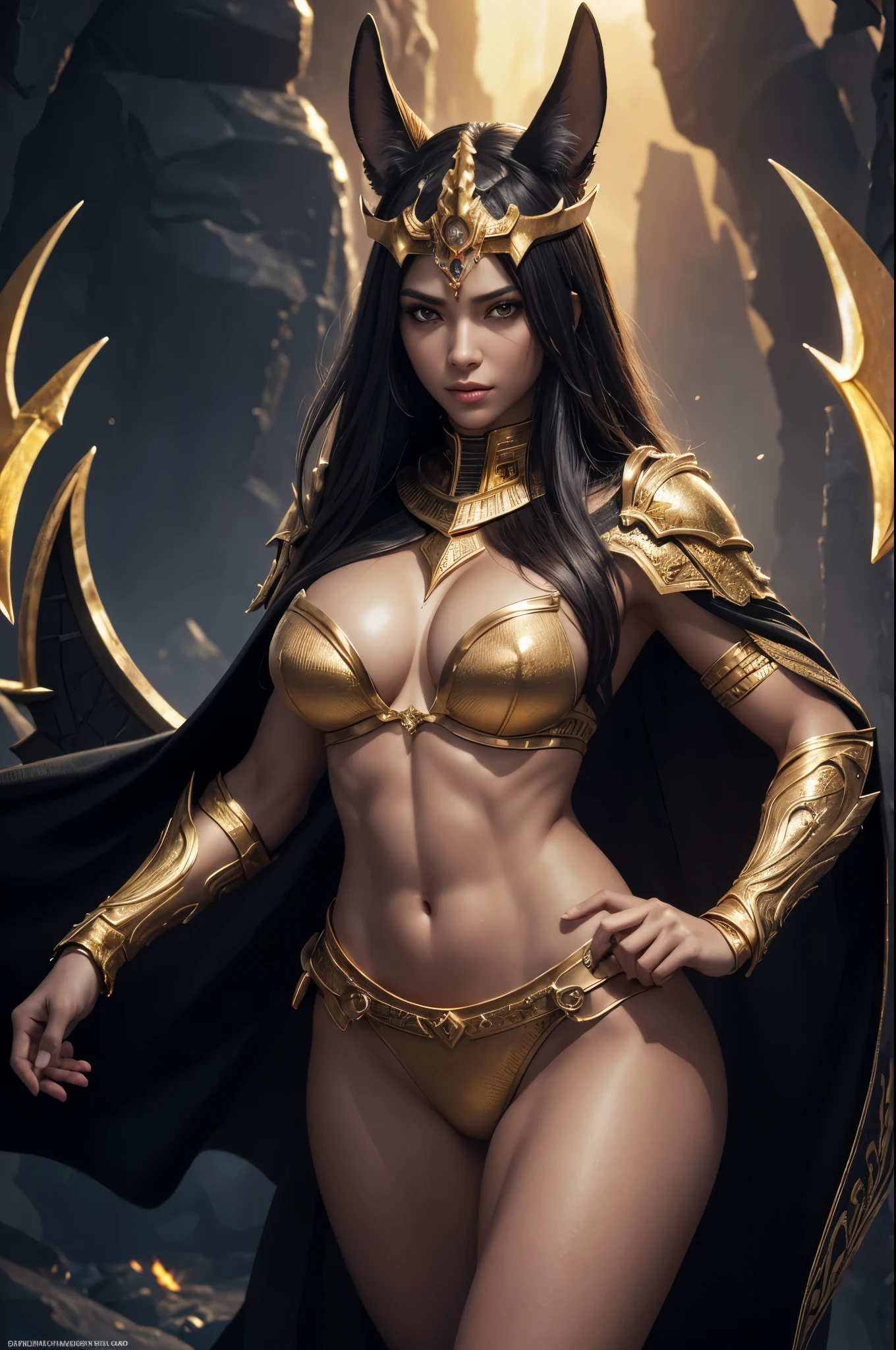 8K,Realistic, jewelry, (alone), (Dynamic pose),  ((Hell&#39;s Gate)), fire, landscape of hell, (underworld), (dark landscape),Female Anubis, Egyptian jackal-headed god, Humanity, Muscular, (holding gold scales), Dynamic pose, Cinematic, Dramatic camera angles, Golden Armor:0.25, black & Gold Cape, (Excellent anatomy), (Good balance), Awards, masterpiece, Centered,Charm,Volume measurement,Body balance,超High resolution,Ultra-Realistic Skin,Digital single-lens reflex camera, Soft lighting, high quality, Highly detailed face, Highly detailed eyes, Highly detailed skins, skin, Scattered beneath the surface, Highly detailed face, Highly detailed eyes, Beautiful expression, Lip, Detailed Background, Depth of written boundary, big breasts、Volumetric lighting, Sharp focus, Absurd, Realistic proportions, Excellent anatomy, (Realistic, 超Realistic:1.4), 16K HDR, Dawn,big breasts,High resolution,Ultra-Realistic Skin,super Beautiful expression,Fantasy art,character,Violent and strongly cracked abdominal muscles,