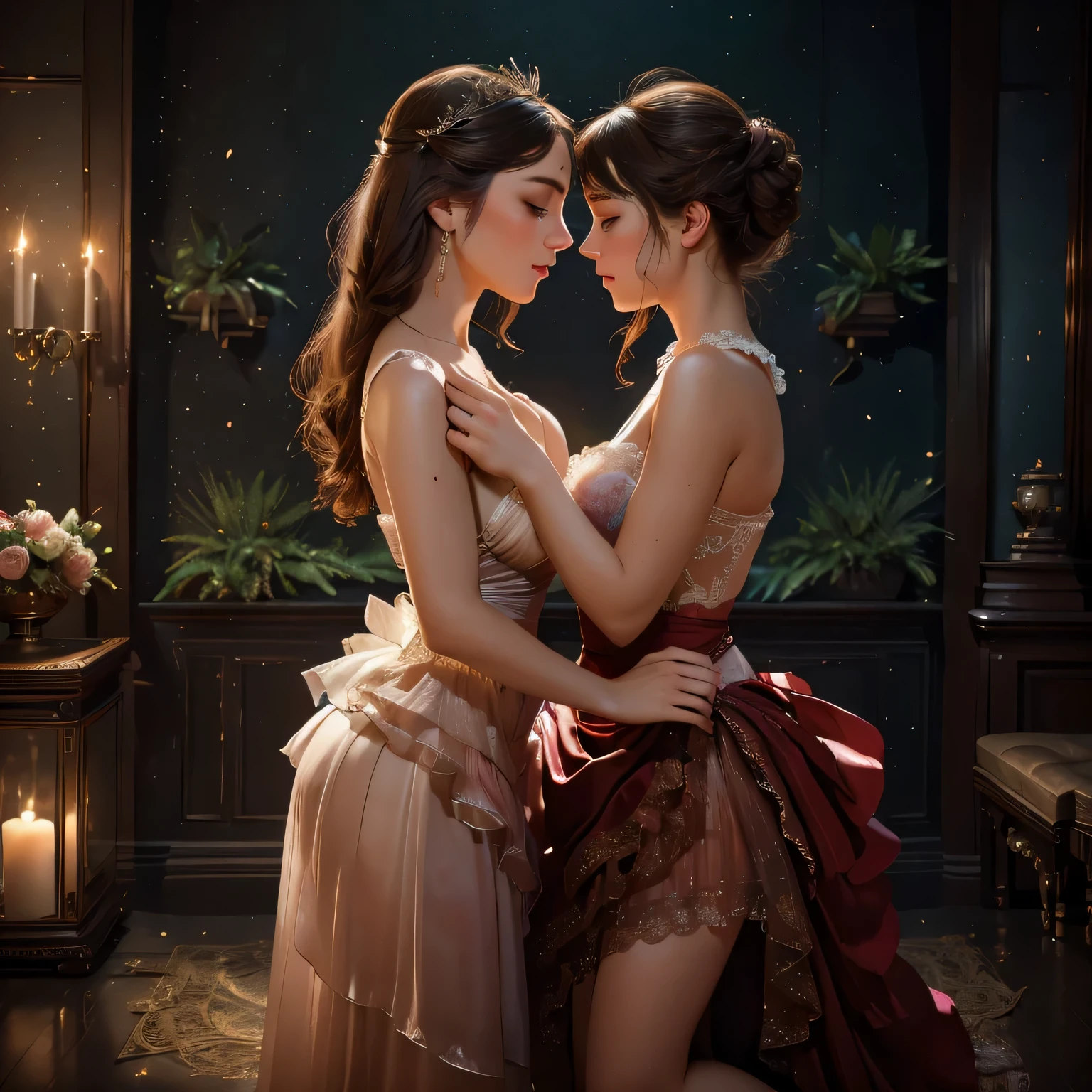 (best quality,4k,8k,highres,masterpiece:1.2),ultra-detailed,realistic:1.37,two girls kissing,long red sheer skirt,gr3ysh33r posing,beautiful detailed eyes,beautiful detailed lips,feminine and romantic atmosphere,gentle touch,soft lighting,vivid colors,romantic and intimate setting,subtle wind blowing the skirt,passionate expressions,delicate lace details,seductive and sensual embrace,dreamy and ethereal background,subdued tones,evoking love and desire,subtle blush on their cheeks,mystical and enchanting charm,whispering secrets,lost in the moment,artistic composition with dynamic angles,emotive and powerful connection,unforgettable and timeless scene,masterfully painted,impeccable attention to detail,magical and mesmerizing,artistic inspiration from Renaissance paintings,classic beauty with a modern twist,filled with love and longing,celebration of love's embrace.